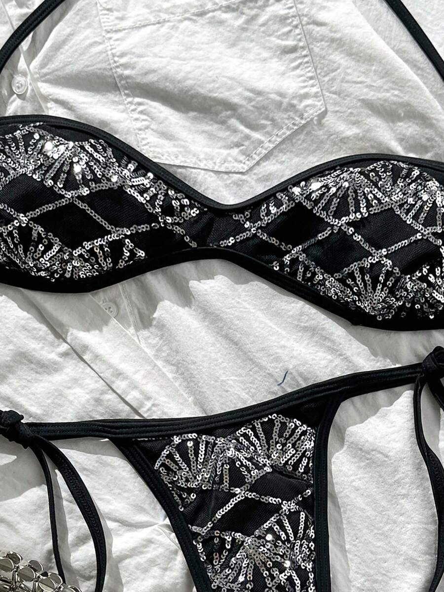 Apricot 2-piece sequin textured halter bikini set featuring a wireless top with lace-up backless ties and matching low-waist side-tie thong bottoms.