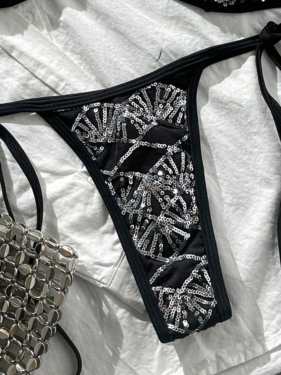 Apricot 2-piece sequin textured halter bikini set featuring a wireless top with lace-up backless ties and matching low-waist side-tie thong bottoms.