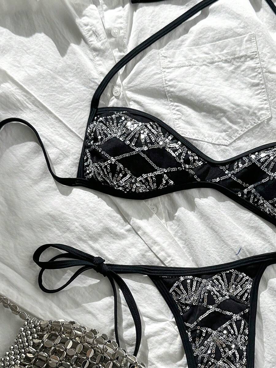 Apricot 2-piece sequin textured halter bikini set featuring a wireless top with lace-up backless ties and matching low-waist side-tie thong bottoms.