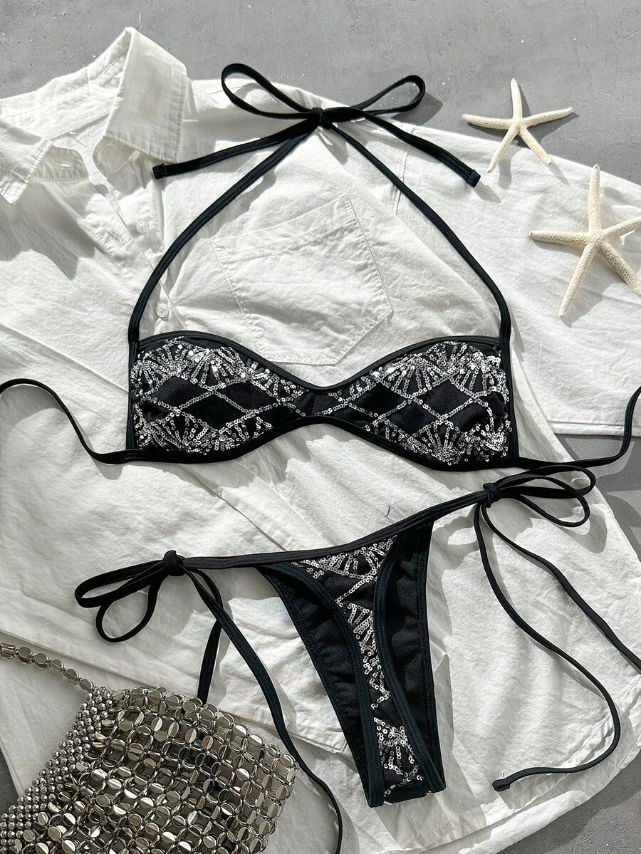 Apricot 2-piece sequin textured halter bikini set featuring a wireless top with lace-up backless ties and matching low-waist side-tie thong bottoms.