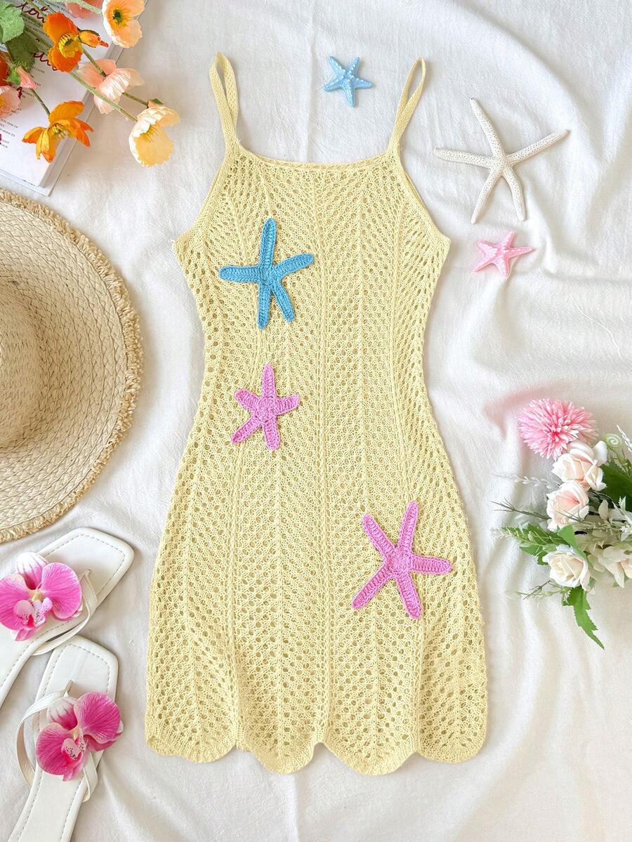 Girls' Summer Crochet Mesh Cami Dress Cover-Up, White Casual Beach Vacation Tween Girl