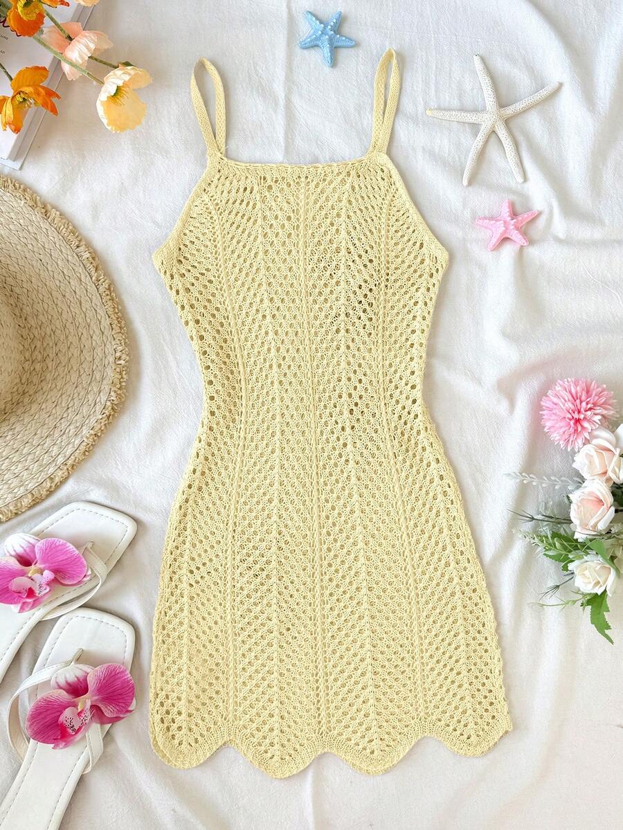 Girls' Summer Crochet Mesh Cami Dress Cover-Up, White Casual Beach Vacation Tween Girl