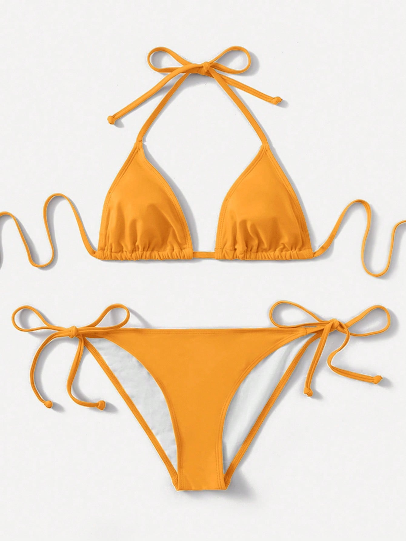 Women's high waist halter tie bikini swimwear set featuring triangle cups, wireless bra with removable padding, and tie side bottoms.
