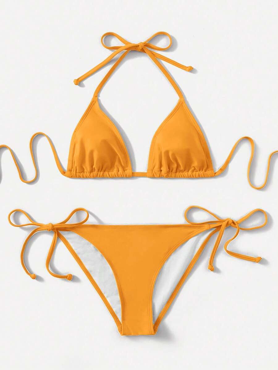 Women's high waist halter tie bikini swimwear set featuring triangle cups, wireless bra with removable padding, and tie side bottoms.