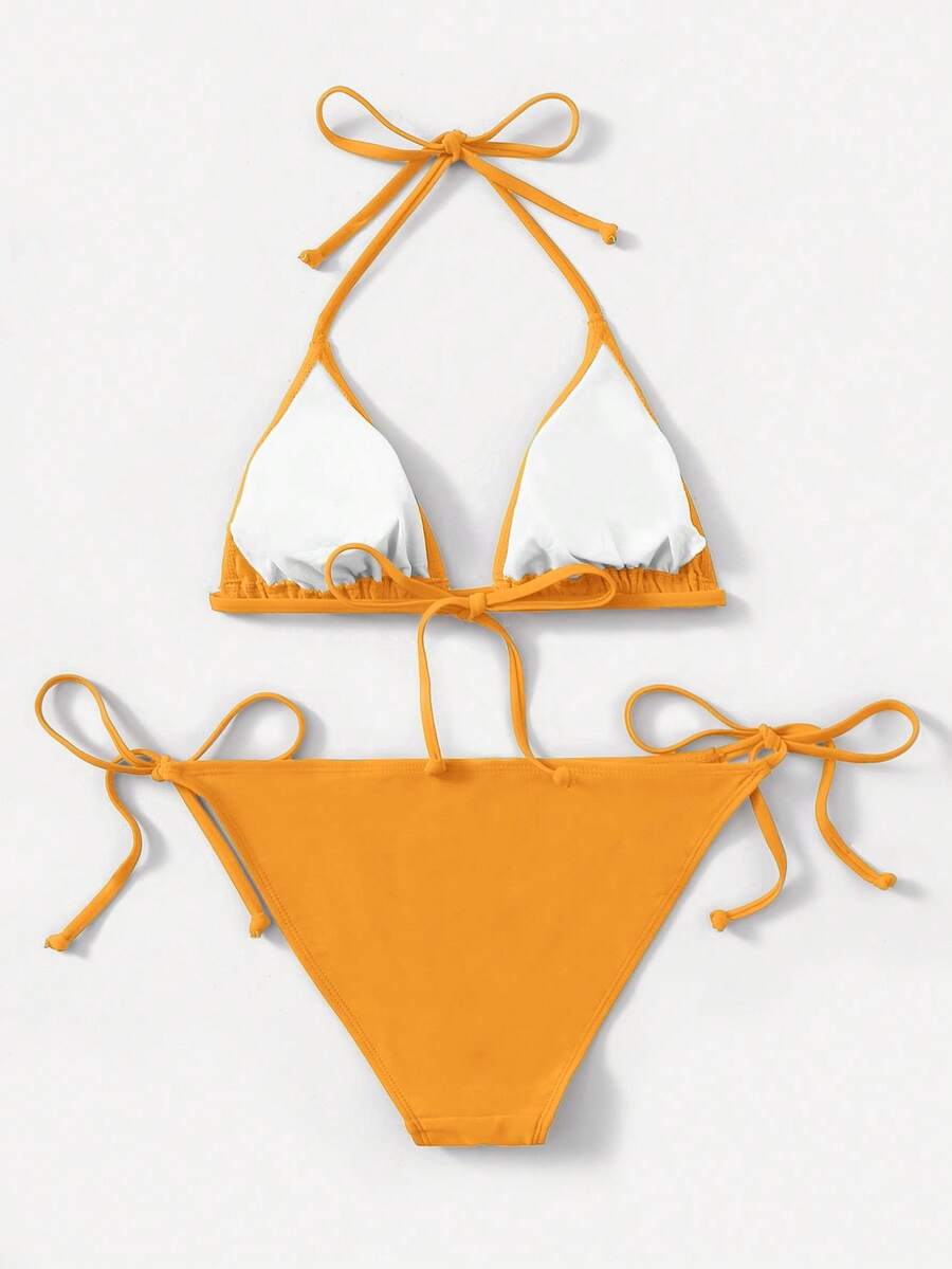 Women's high waist halter tie bikini swimwear set featuring triangle cups, wireless bra with removable padding, and tie side bottoms.
