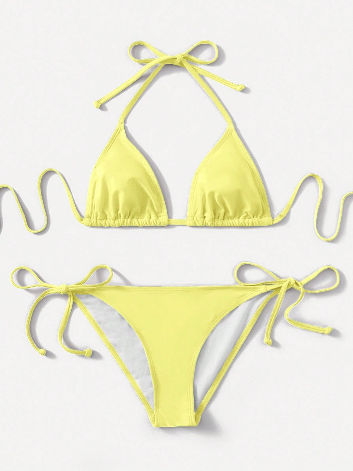 Women's high waist halter tie bikini swimwear set featuring triangle cups, wireless bra with removable padding, and tie side bottoms.