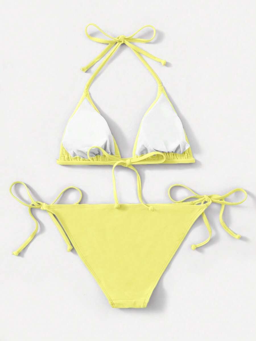 Women's high waist halter tie bikini swimwear set featuring triangle cups, wireless bra with removable padding, and tie side bottoms.