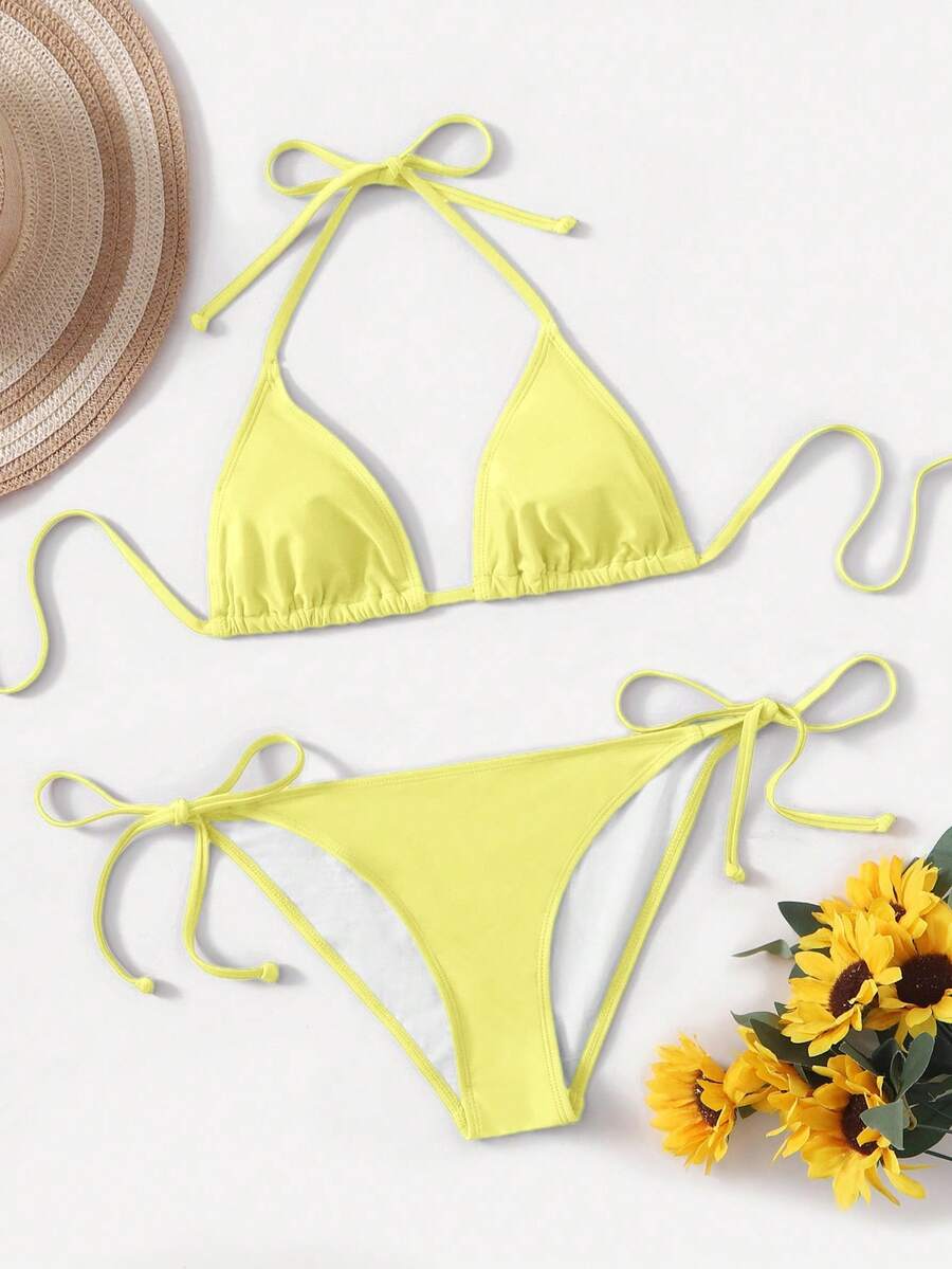 Women's high waist halter tie bikini swimwear set featuring triangle cups, wireless bra with removable padding, and tie side bottoms.