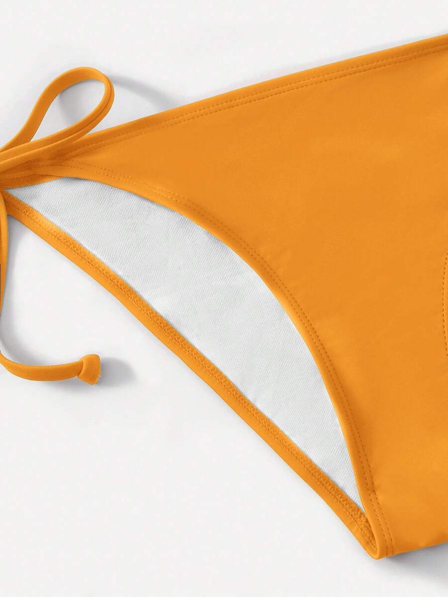 Women's high waist halter tie bikini swimwear set featuring triangle cups, wireless bra with removable padding, and tie side bottoms.