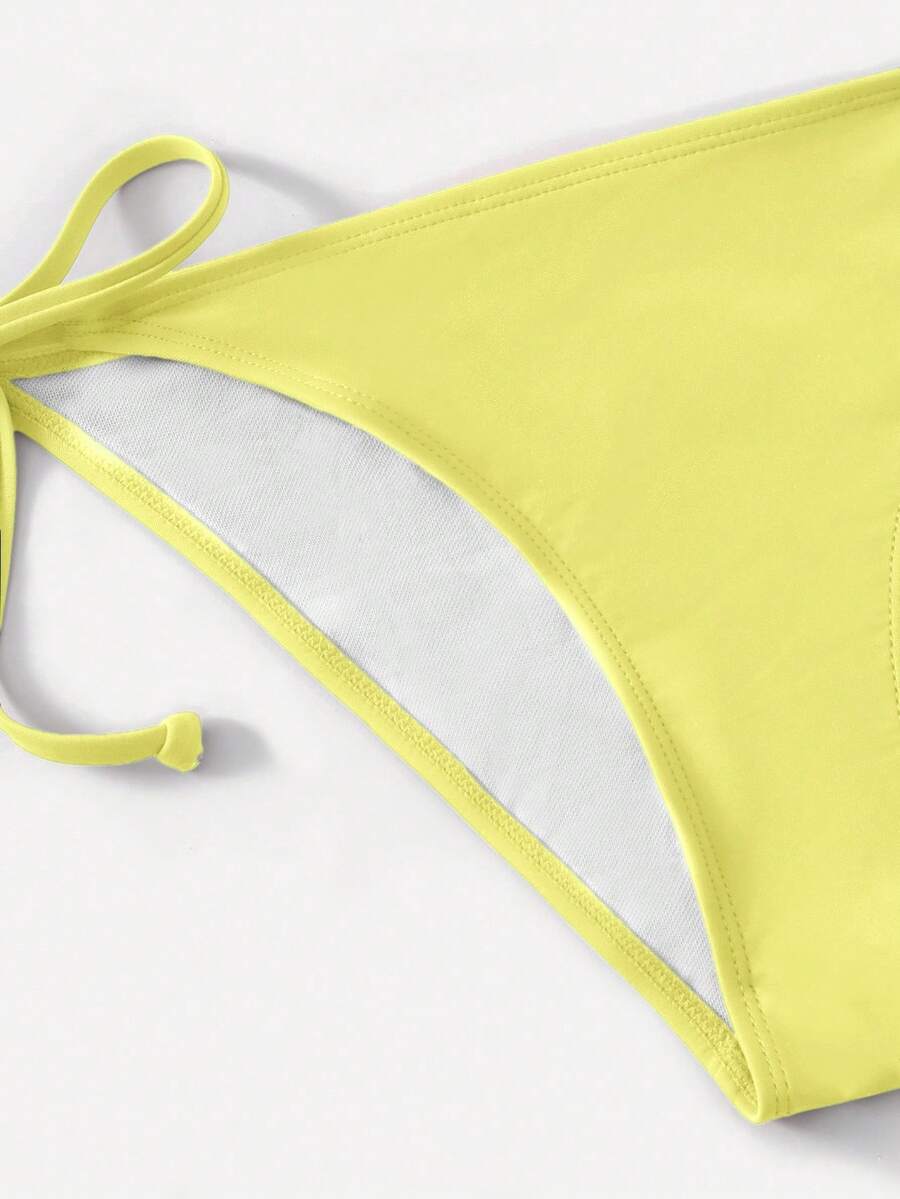Women's high waist halter tie bikini swimwear set featuring triangle cups, wireless bra with removable padding, and tie side bottoms.