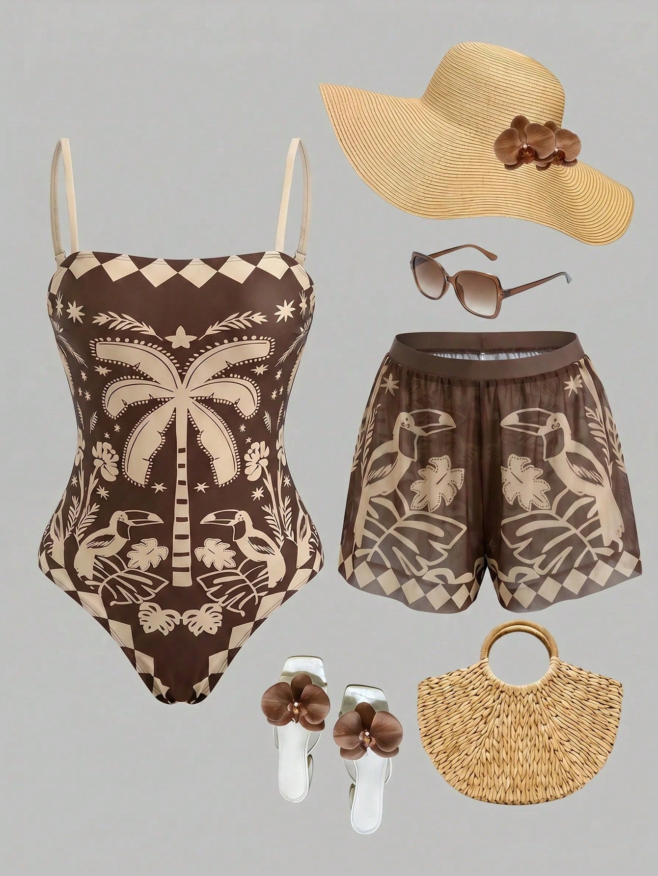 Swim Oasis women's tropical palm tree print army green one-piece swimsuit featuring spaghetti straps, removable padding, and matching shorts for beach vacations.