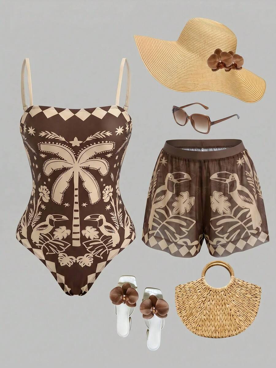Swim Oasis women's tropical palm tree print army green one-piece swimsuit featuring spaghetti straps, removable padding, and matching shorts for beach vacations.