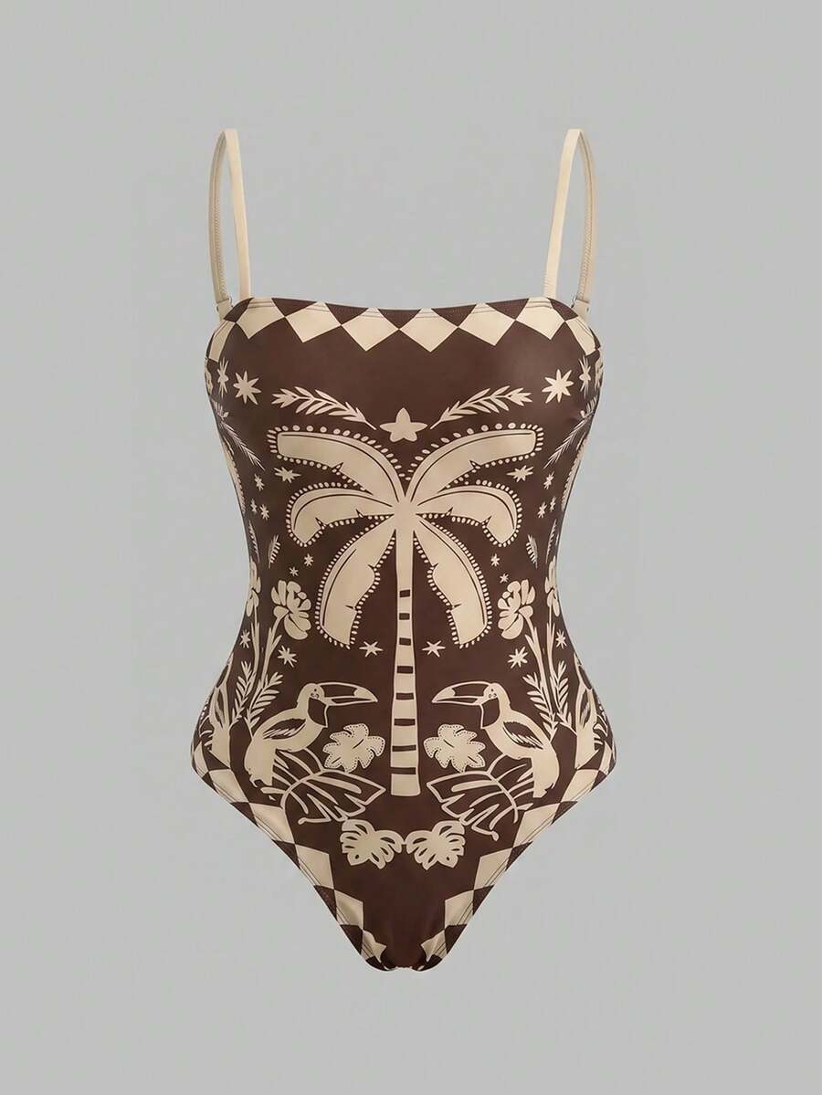 Swim Oasis women's tropical palm tree print army green one-piece swimsuit featuring spaghetti straps, removable padding, and matching shorts for beach vacations.