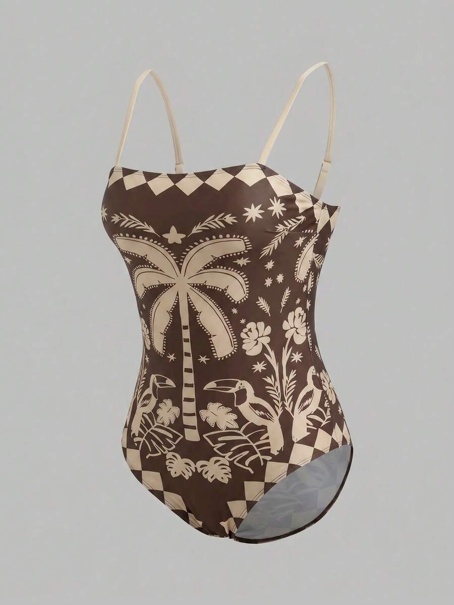 Swim Oasis women's tropical palm tree print army green one-piece swimsuit featuring spaghetti straps, removable padding, and matching shorts for beach vacations.