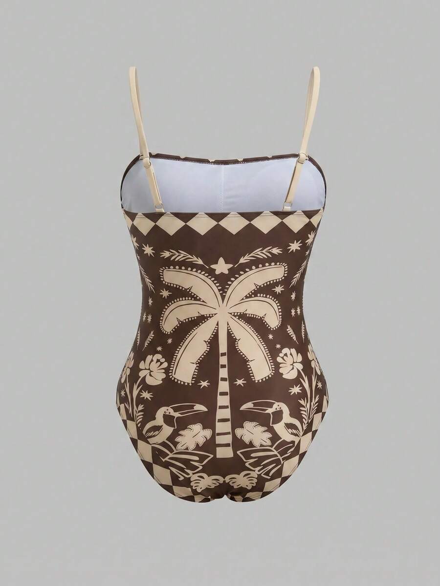 Swim Oasis women's tropical palm tree print army green one-piece swimsuit featuring spaghetti straps, removable padding, and matching shorts for beach vacations.