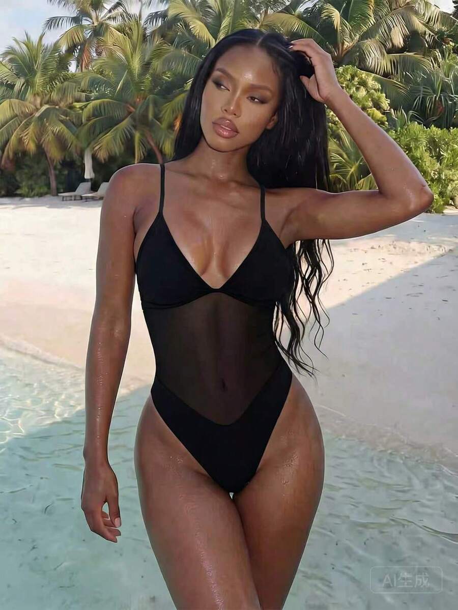 Women's black one-piece swimsuit with mesh patchwork detailing, spaghetti straps, backless style, and high cut bottom.