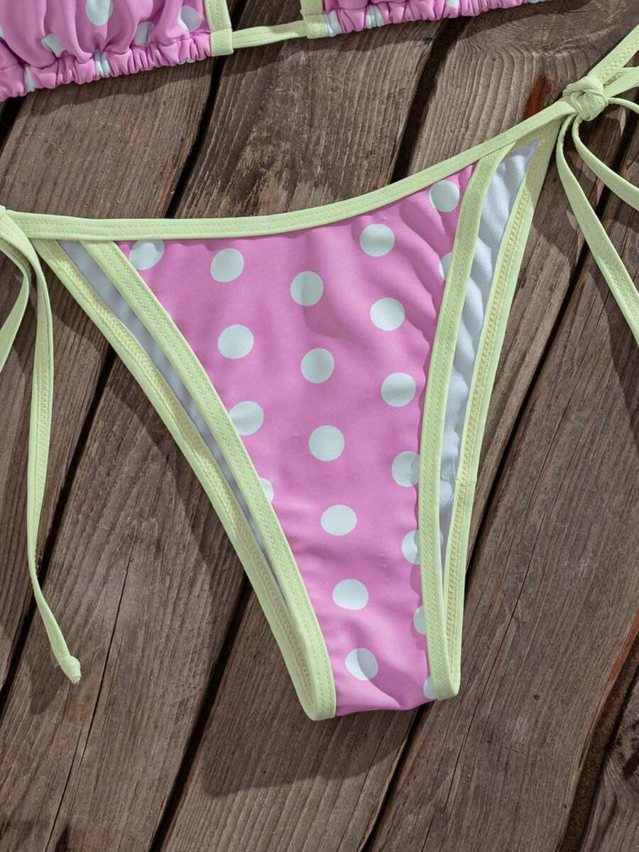 Women's two-piece halter triangle bikini set featuring a backless tie-back top with removable padding and matching tie-side mid-waist bottoms.