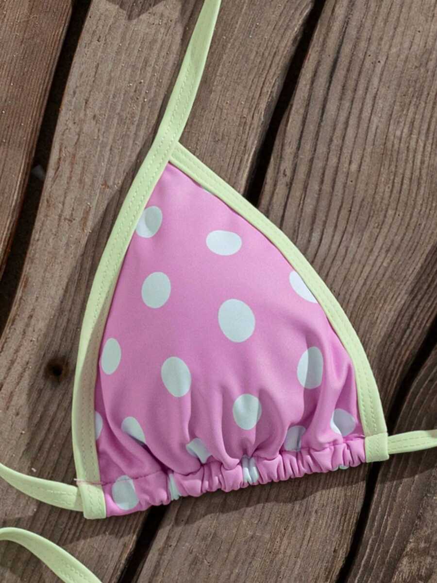 Women's two-piece halter triangle bikini set featuring a backless tie-back top with removable padding and matching tie-side mid-waist bottoms.