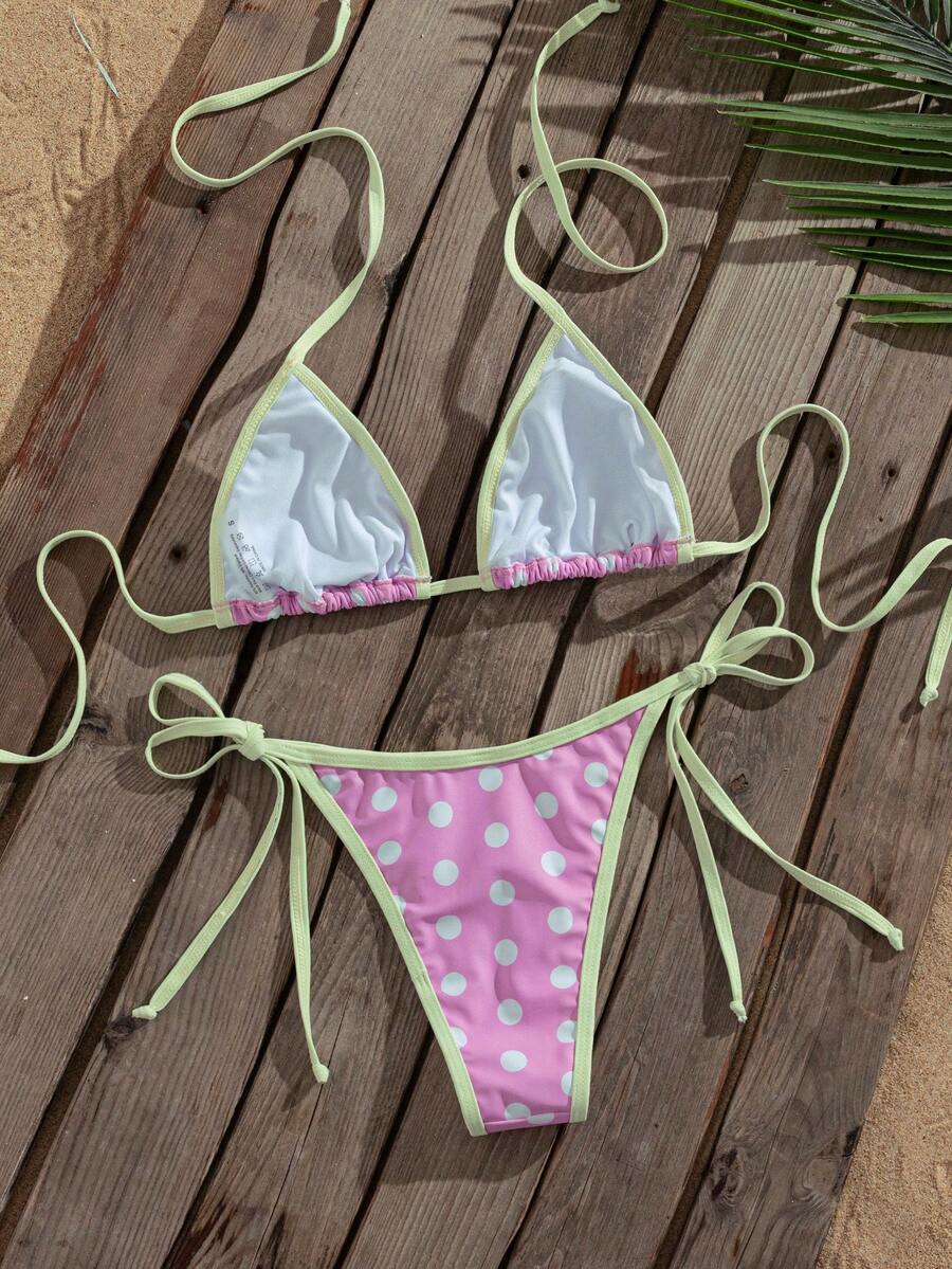 Women's two-piece halter triangle bikini set featuring a backless tie-back top with removable padding and matching tie-side mid-waist bottoms.