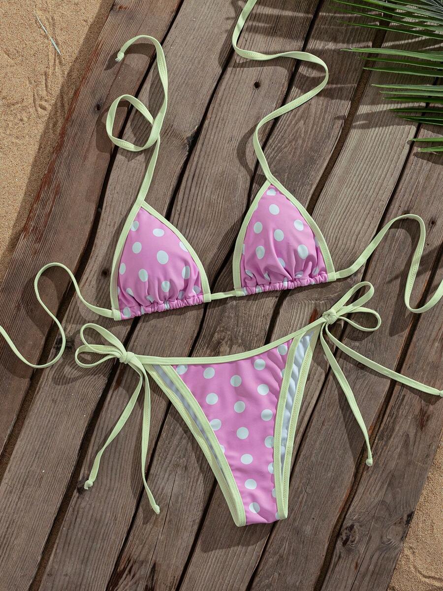 Women's two-piece halter triangle bikini set featuring a backless tie-back top with removable padding and matching tie-side mid-waist bottoms.
