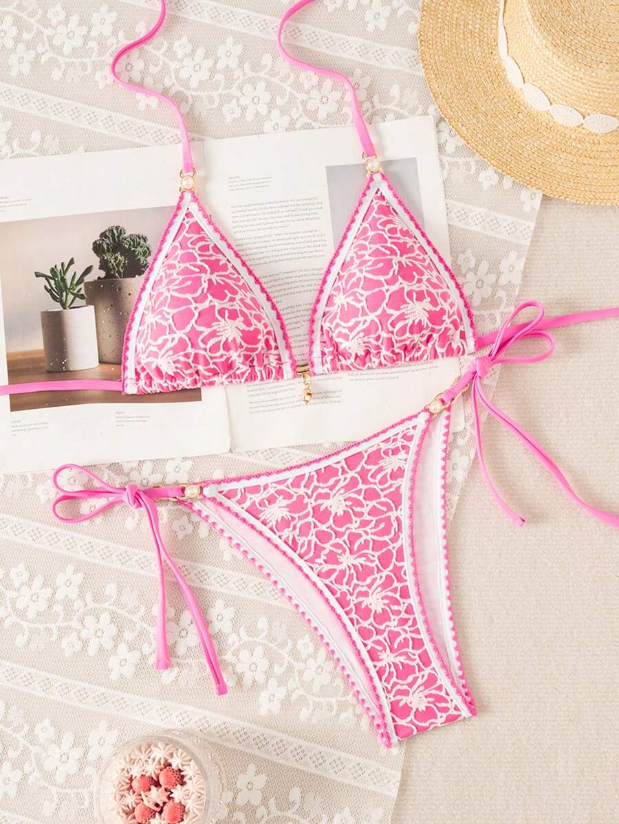 Women's triangle bikini set with contrast lace wireless bra top and ultra high waist tie side bottoms.