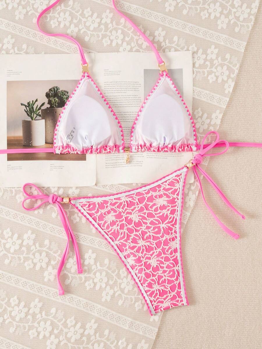 Women's triangle bikini set with contrast lace wireless bra top and ultra high waist tie side bottoms.