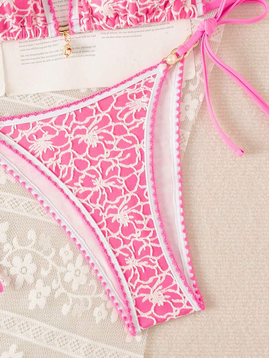 Women's triangle bikini set with contrast lace wireless bra top and ultra high waist tie side bottoms.