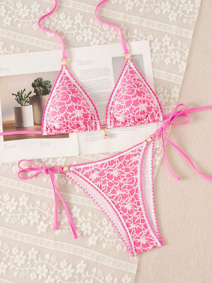 Women's triangle bikini set with contrast lace wireless bra top and ultra high waist tie side bottoms.