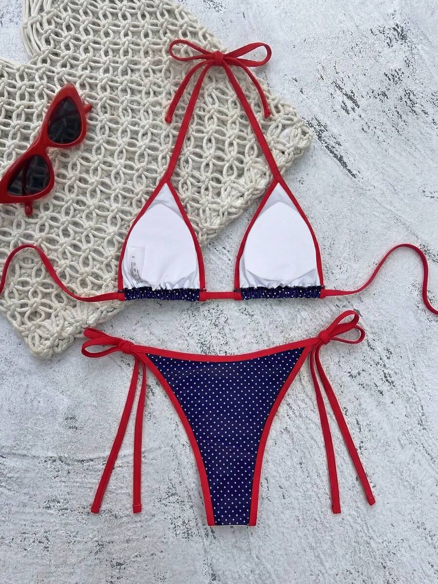 Women's high waist 2-piece triangle bikini set featuring colorblock trim, halter neckline, wireless bra with removable padding, and tie-side bottoms.
