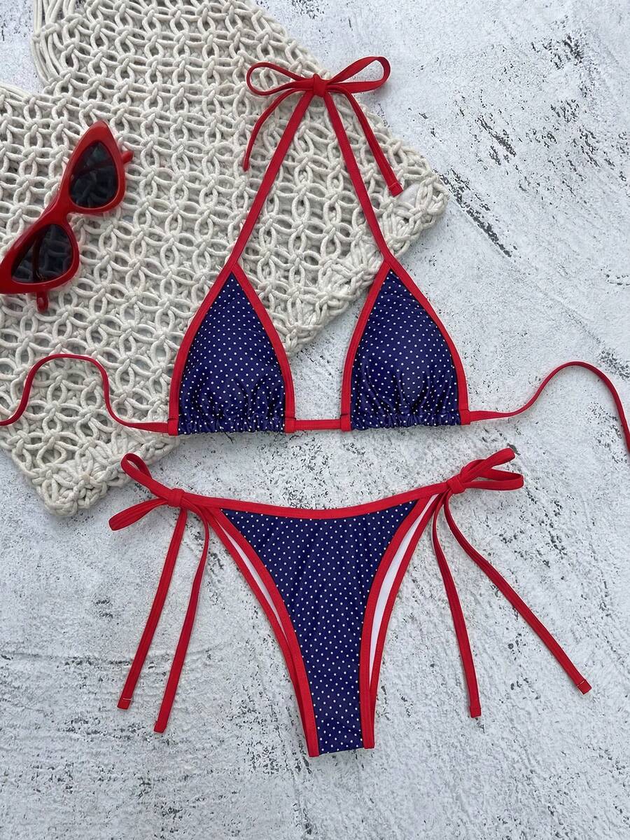 Women's high waist 2-piece triangle bikini set featuring colorblock trim, halter neckline, wireless bra with removable padding, and tie-side bottoms.