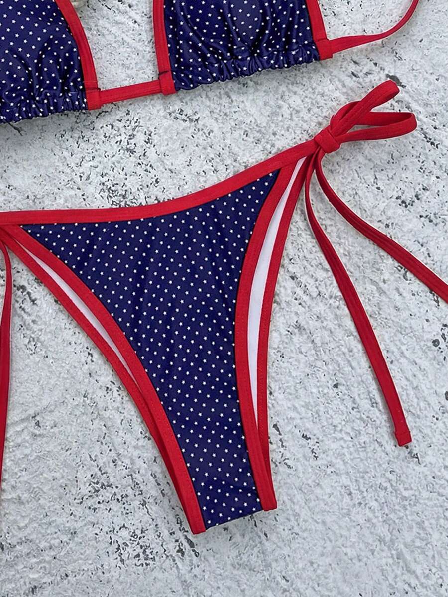 Women's high waist 2-piece triangle bikini set featuring colorblock trim, halter neckline, wireless bra with removable padding, and tie-side bottoms.