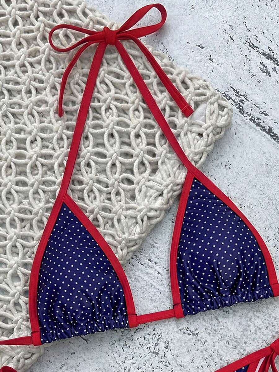 Women's high waist 2-piece triangle bikini set featuring colorblock trim, halter neckline, wireless bra with removable padding, and tie-side bottoms.