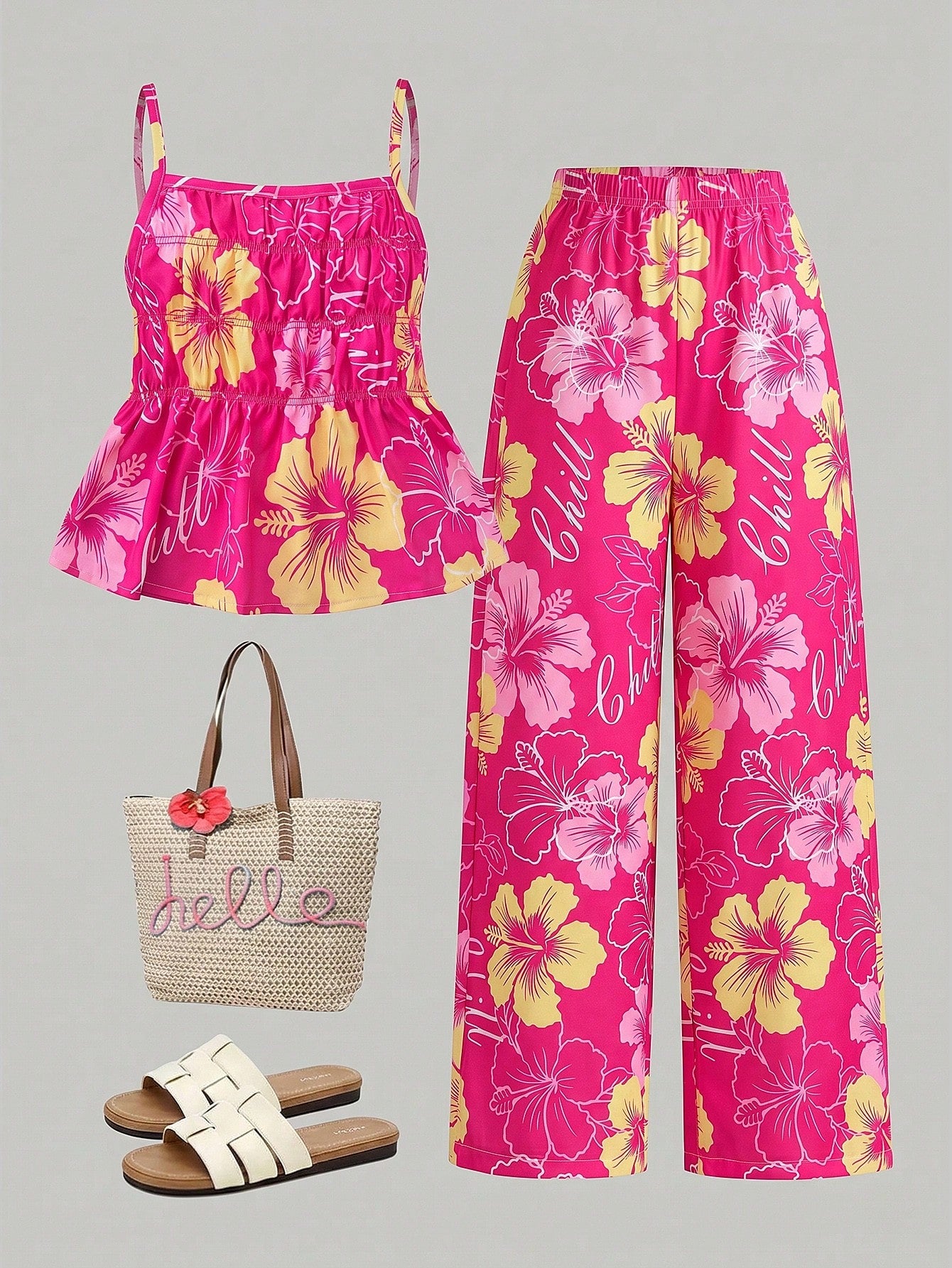 Tween girl wearing an apricot 2-piece outfit set featuring a shirred spaghetti strap short cami top and matching wide-leg long pants.