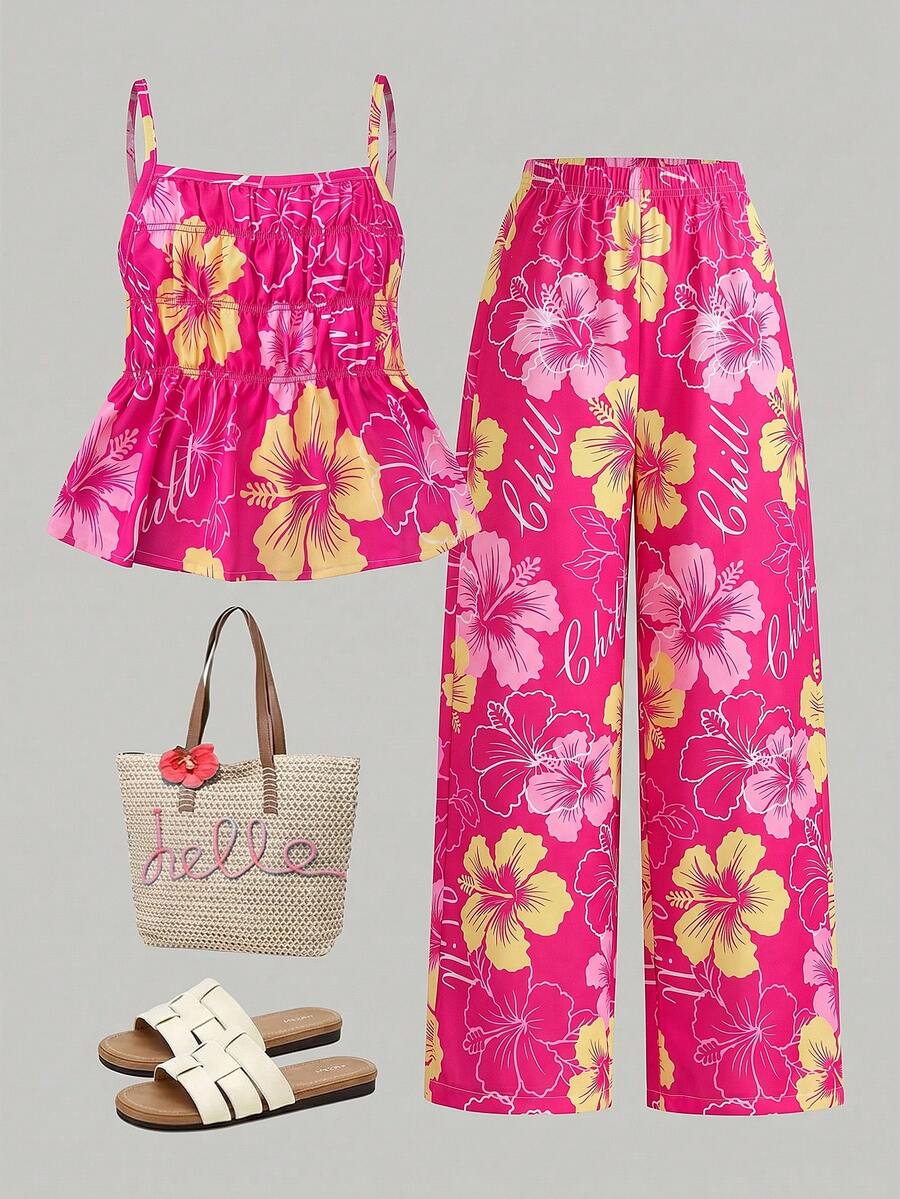 Tween girl wearing an apricot 2-piece outfit set featuring a shirred spaghetti strap short cami top and matching wide-leg long pants.