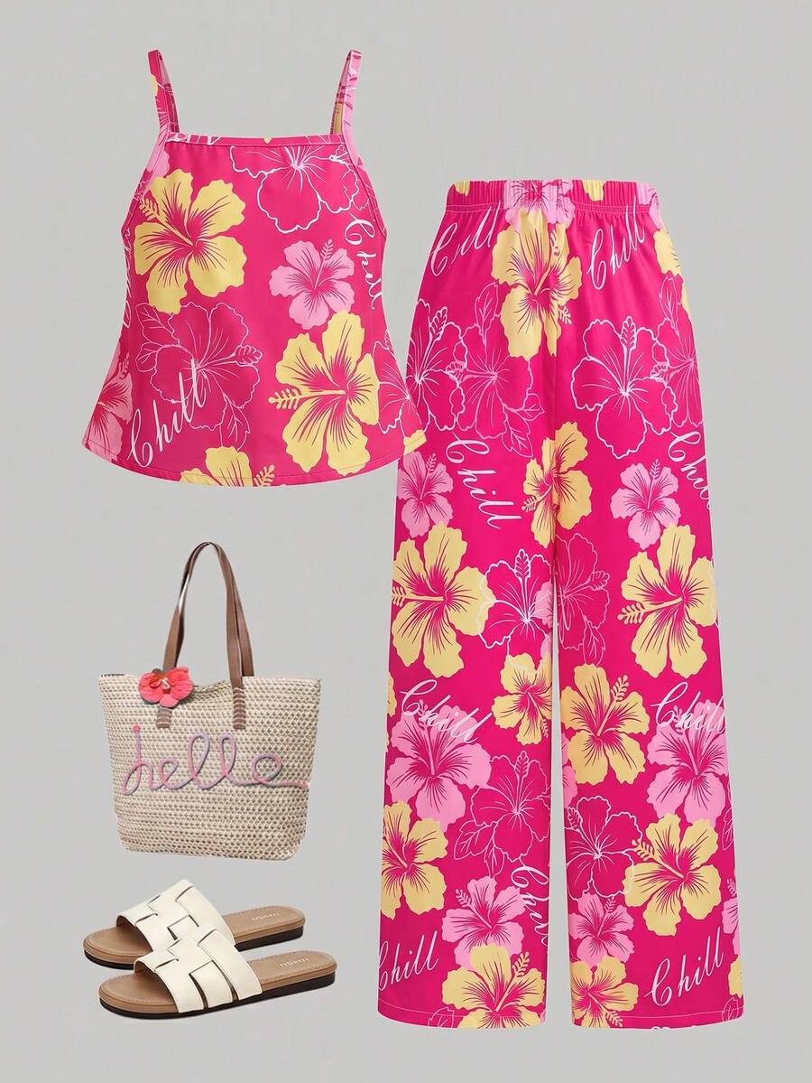 Tween girl wearing an apricot 2-piece outfit set featuring a shirred spaghetti strap short cami top and matching wide-leg long pants.