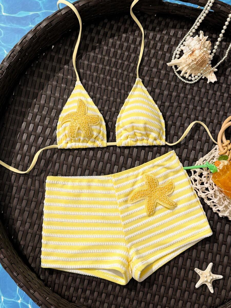 Women's apricot two-piece swimsuit set with a halter tie-back top and matching high stretch shorts.