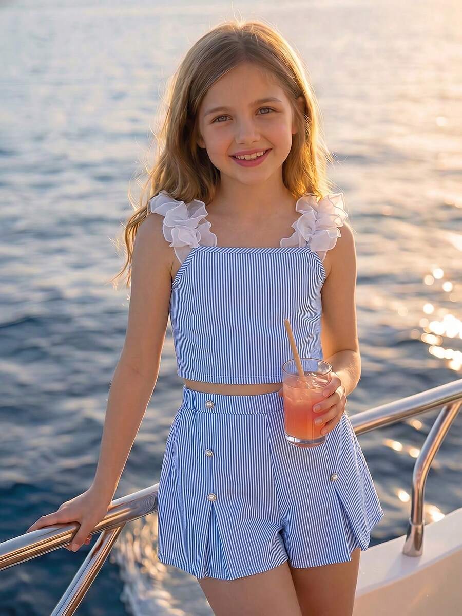 Apricot two-piece summer outfit for tween girls featuring a sleeveless pleated square-neck camisole top with button details and matching gathered shorts.