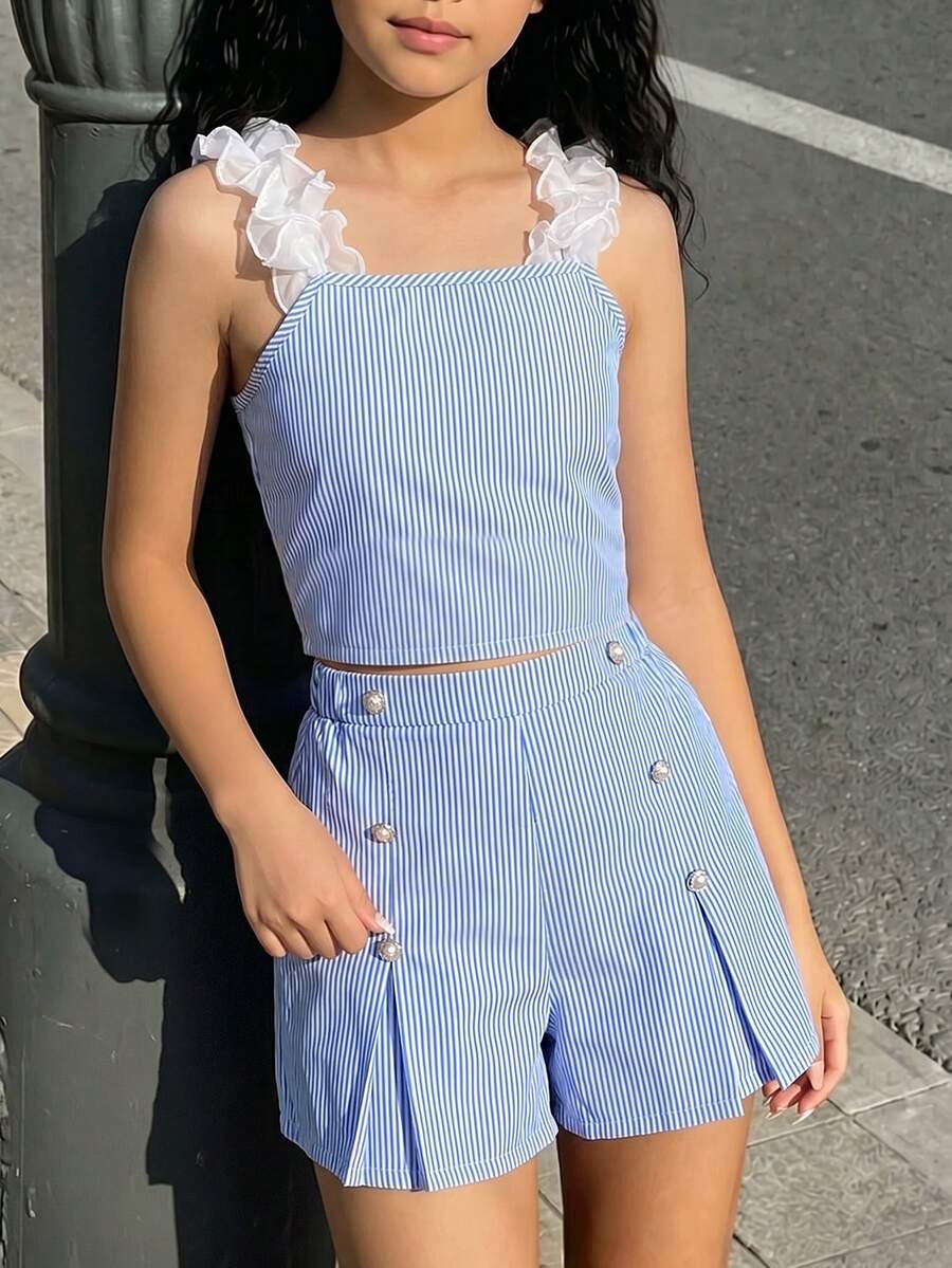 Apricot two-piece summer outfit for tween girls featuring a sleeveless pleated square-neck camisole top with button details and matching gathered shorts.