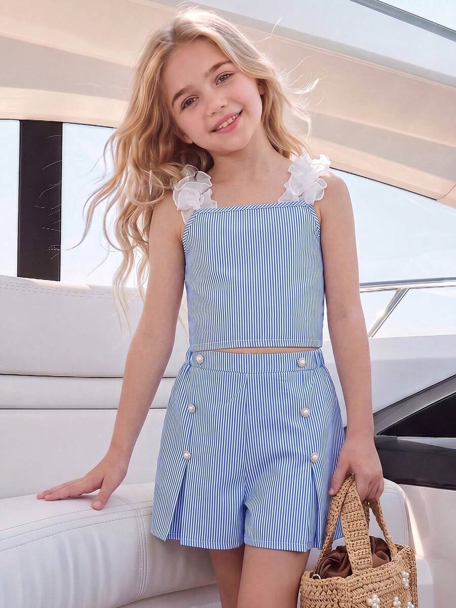 Apricot two-piece summer outfit for tween girls featuring a sleeveless pleated square-neck camisole top with button details and matching gathered shorts.