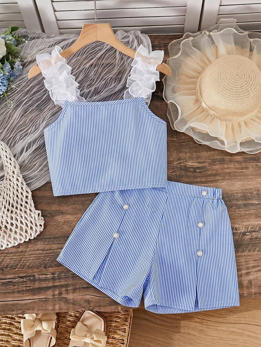 Apricot two-piece summer outfit for tween girls featuring a sleeveless pleated square-neck camisole top with button details and matching gathered shorts.