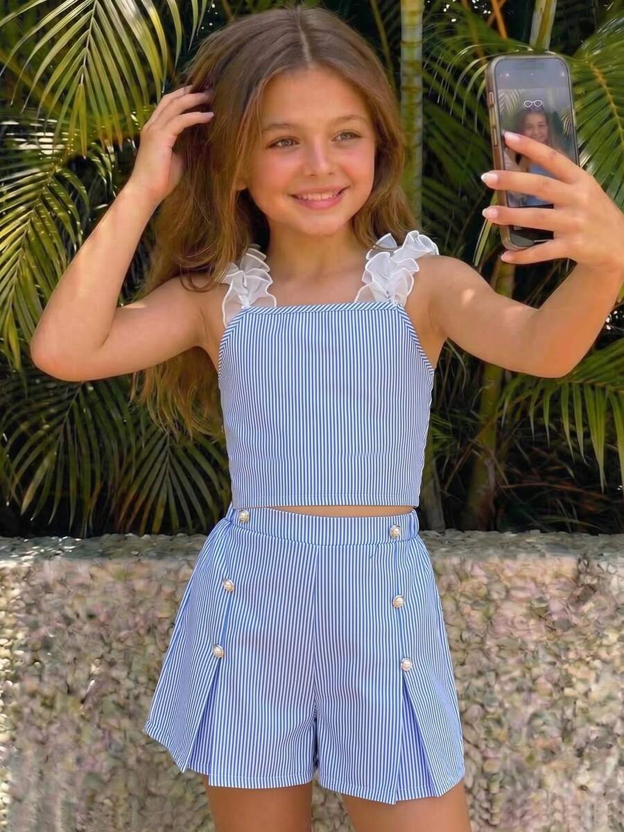 Apricot two-piece summer outfit for tween girls featuring a sleeveless pleated square-neck camisole top with button details and matching gathered shorts.