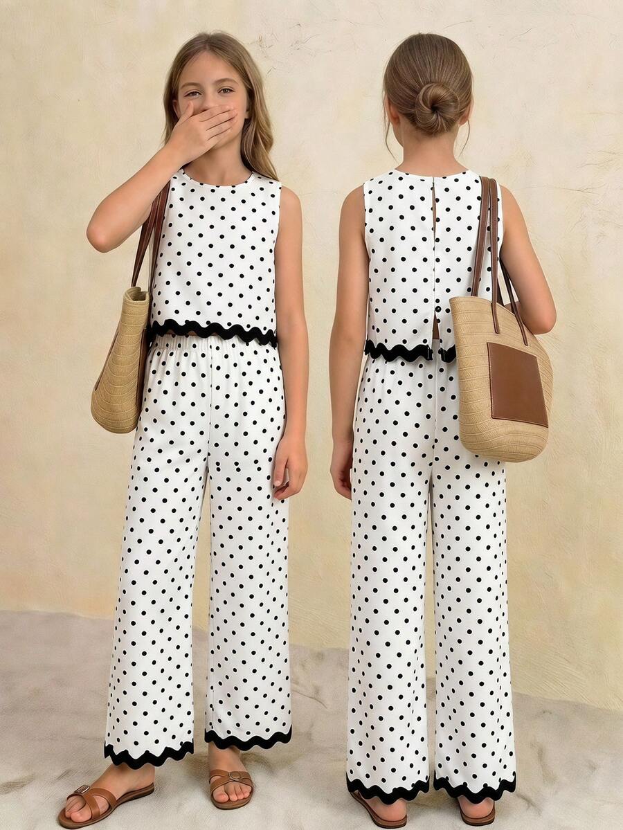 Tween girls casual apricot striped sleeveless top with round neck and ruffle hem paired with matching straight leg pants.