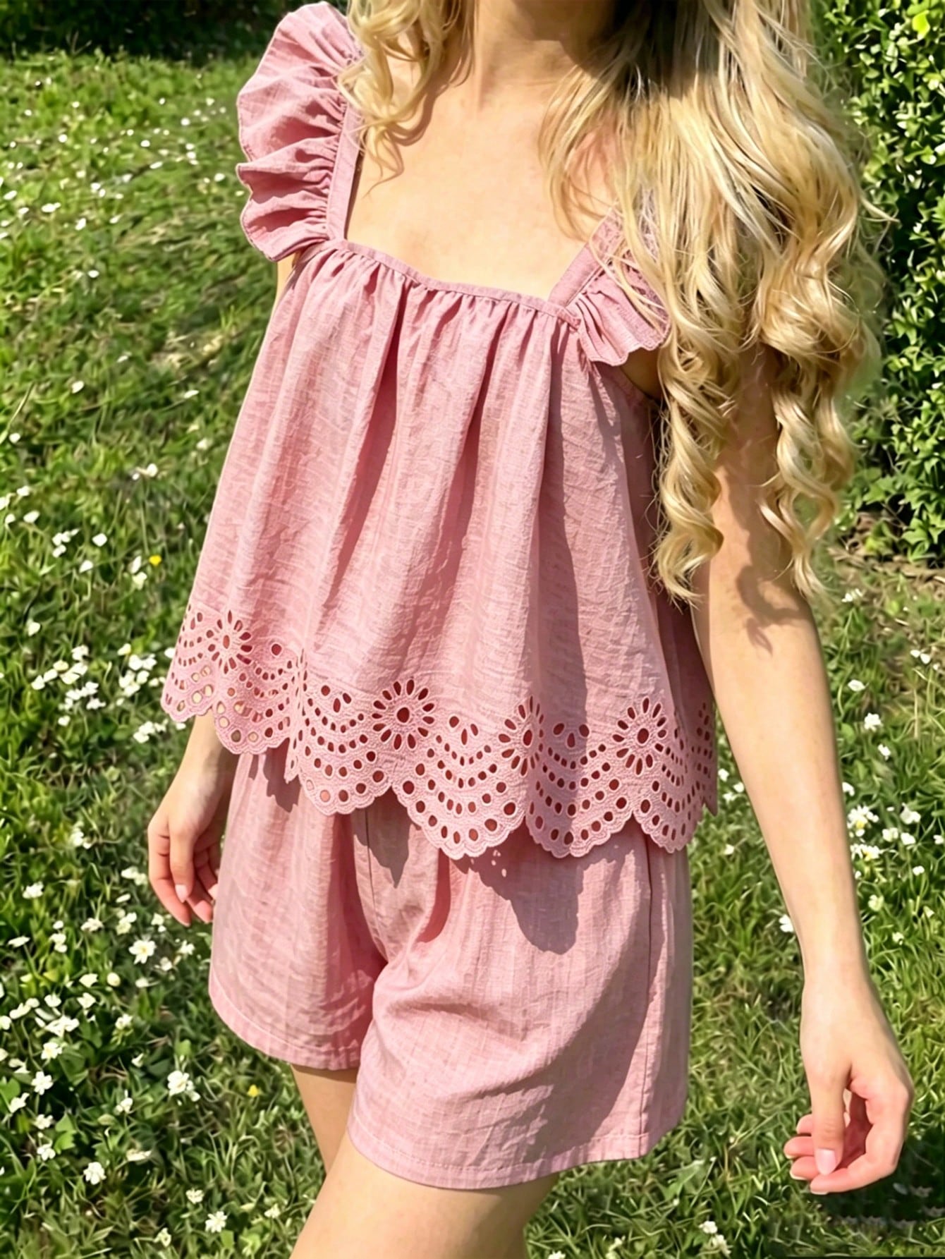 Tween girls 2-piece bohemian outfit set in apricot featuring a square neck embroidered sleeveless camisole top and matching floral wide leg shorts.