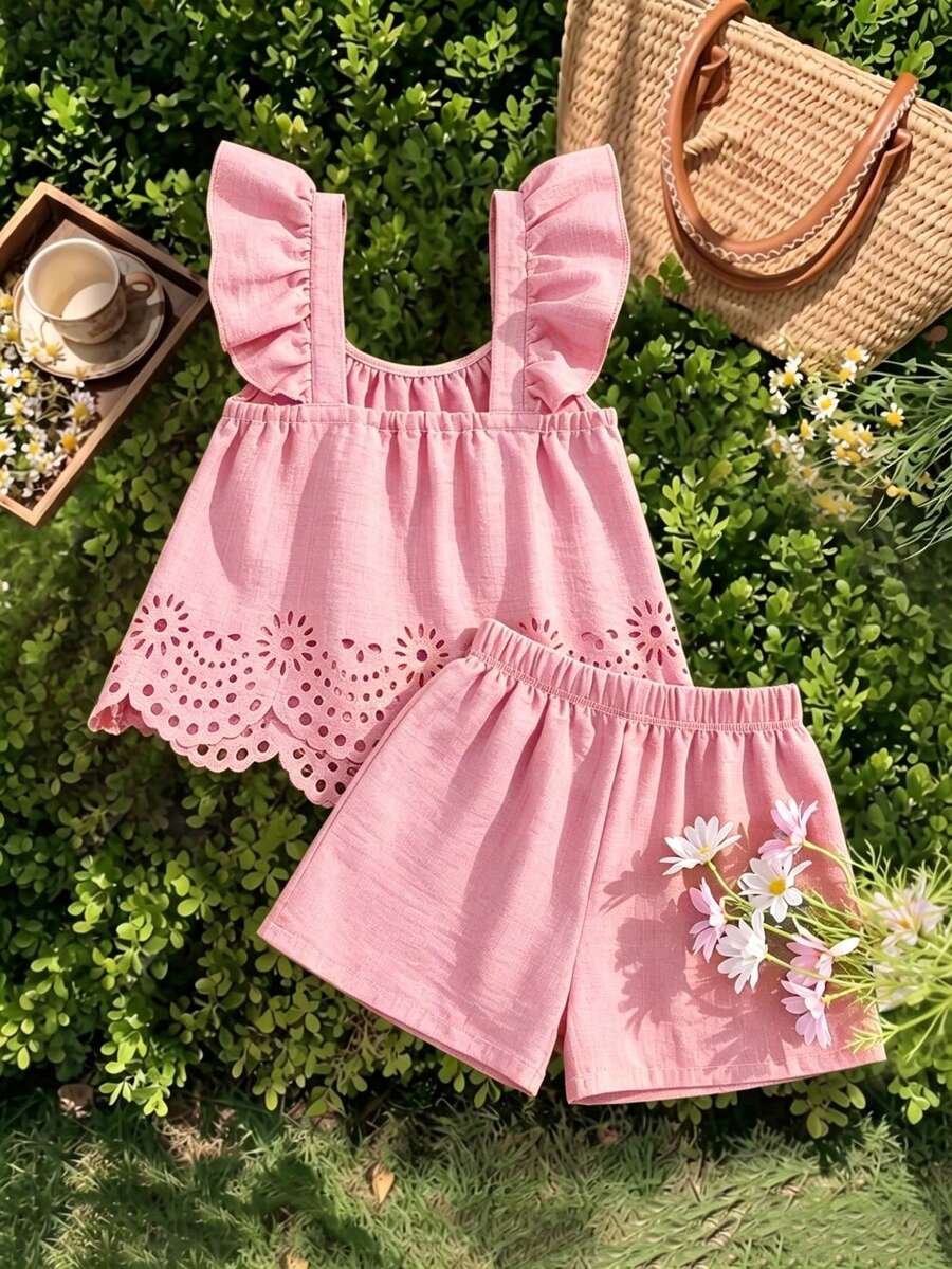 Tween girls 2-piece bohemian outfit set in apricot featuring a square neck embroidered sleeveless camisole top and matching floral wide leg shorts.