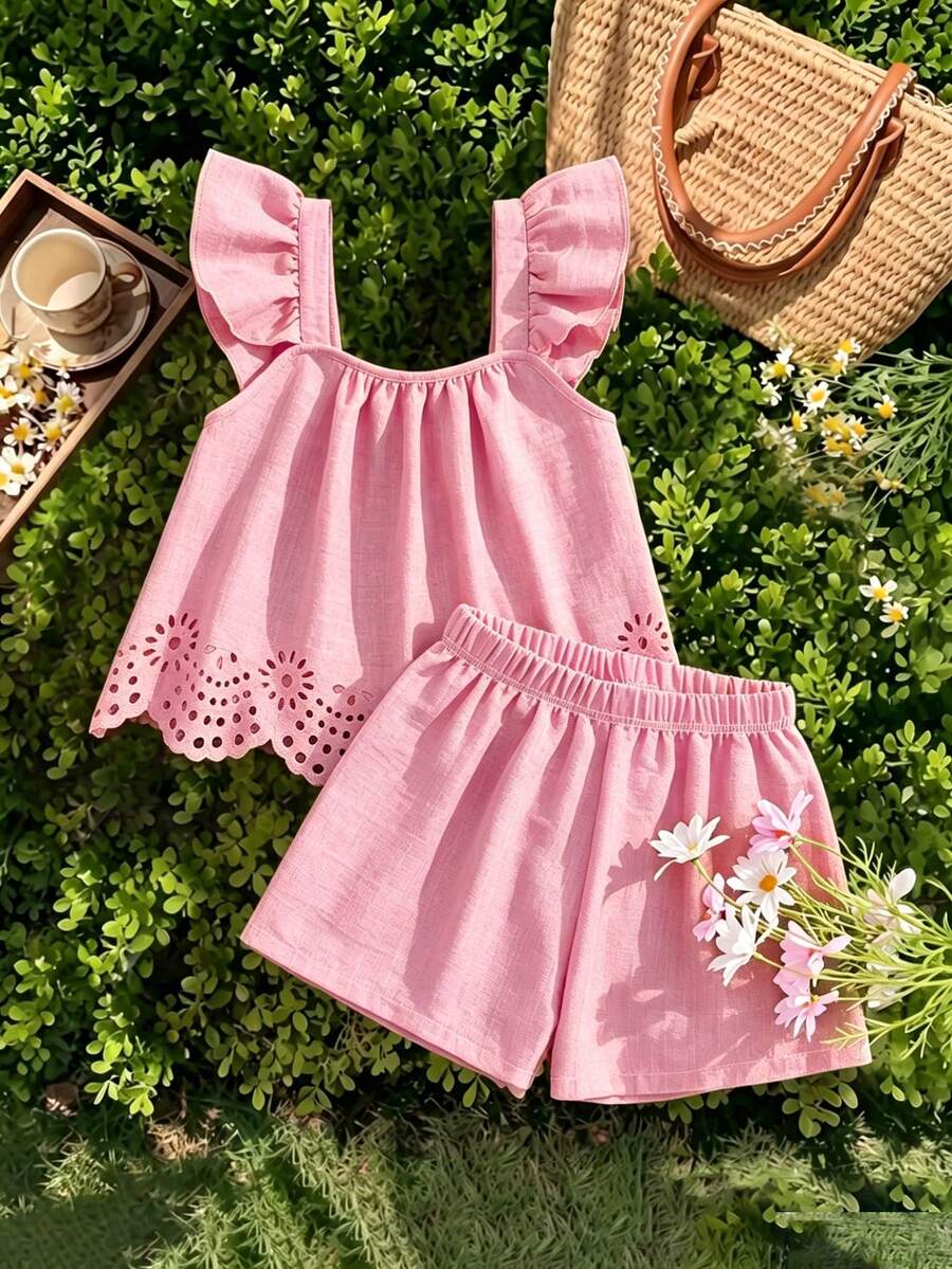 Tween girls 2-piece bohemian outfit set in apricot featuring a square neck embroidered sleeveless camisole top and matching floral wide leg shorts.