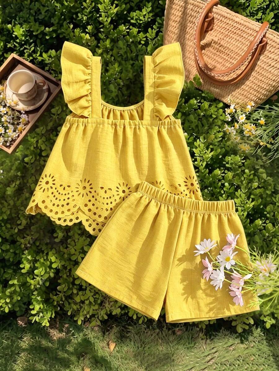 Tween girls 2-piece bohemian outfit set in apricot featuring a square neck embroidered sleeveless camisole top and matching floral wide leg shorts.