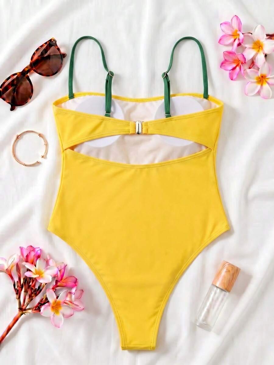 Black colorblock women's one-piece swimsuit with spaghetti straps and high stretch fabric.
