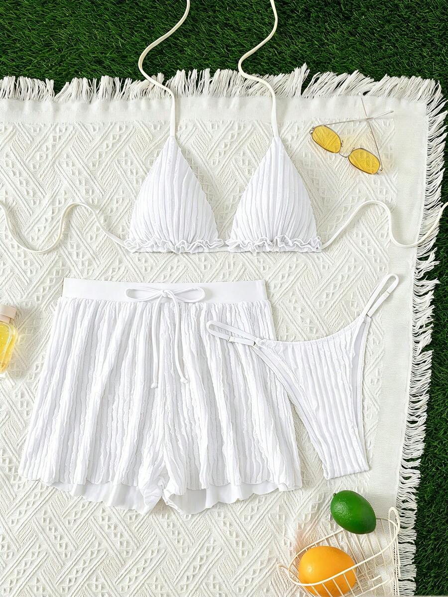 Women's 3-piece frill trim bikini set with halter tie-back top and high waist bottoms.