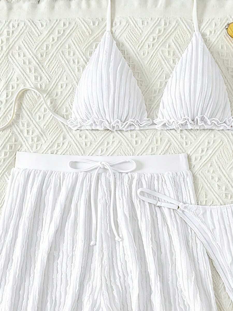 Women's 3-piece frill trim bikini set with halter tie-back top and high waist bottoms.
