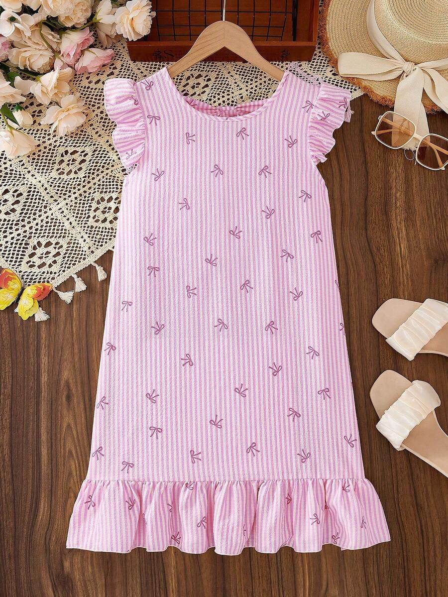 Tween girls apricot vacation midi dress featuring a round neck, cut out details, ruffle flounce accents, and geometric pattern.